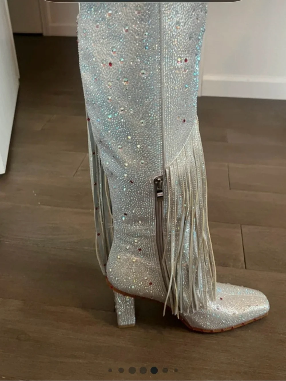 Silver Crystal Over-the-Knee Block Heel Boots with Fringe